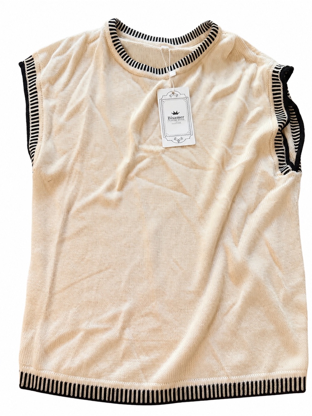 Cream Knit Sleeveless Top with Black Trim